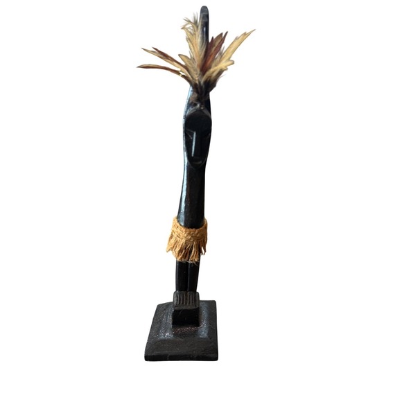 African Style Hand Carved Dark Wood Statue Thinking Man Pot Belly Feathers Twine - Picture 3 of 7